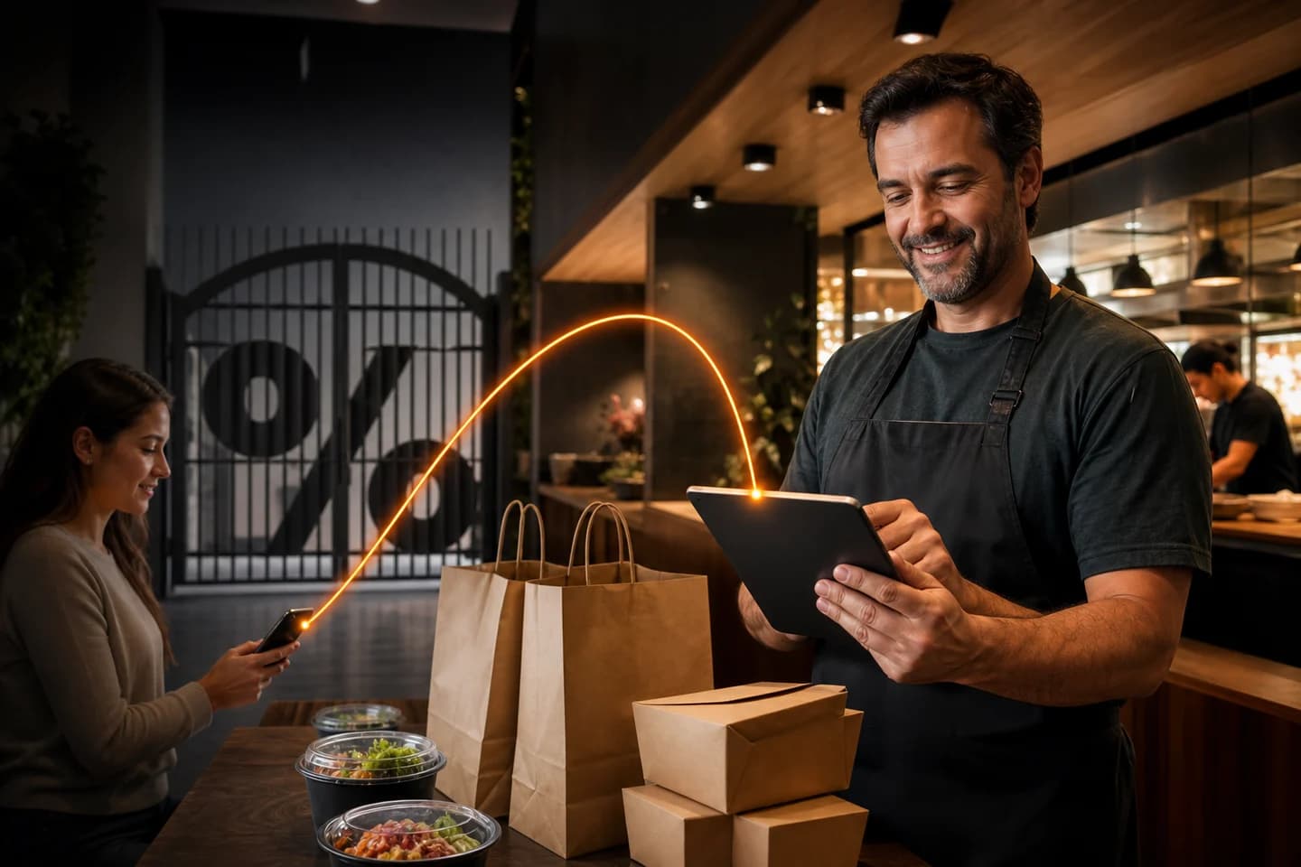 Dono de restaurante recebendo um pedido direto em seu tablet
