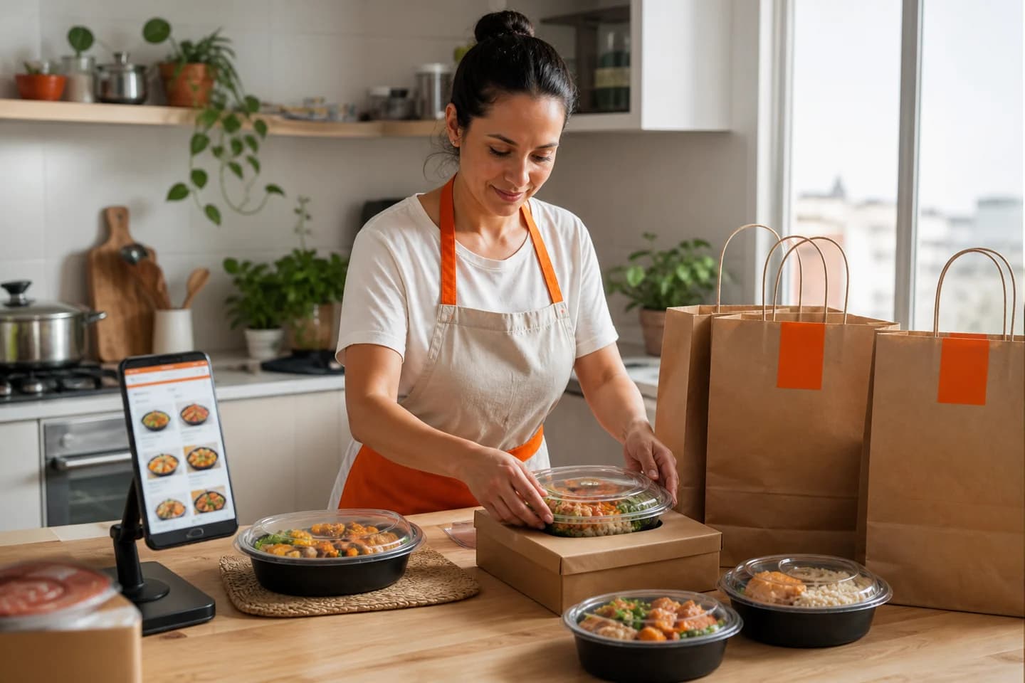 Empreendedora preparando pedidos em uma cozinha de delivery em casa