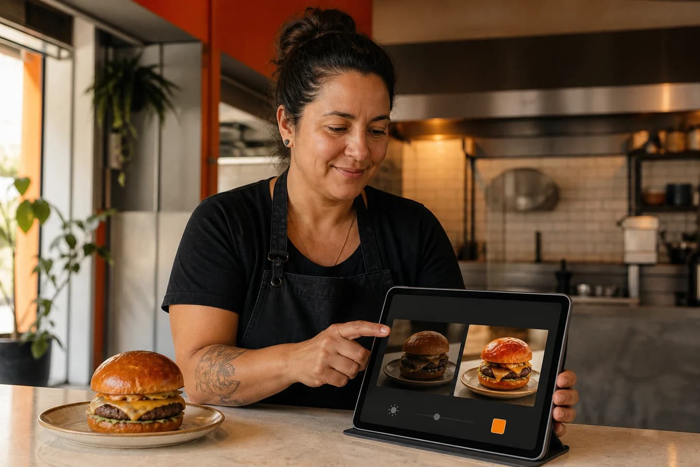 Dona de restaurante usando inteligência artificial para preparar uma imagem de comida