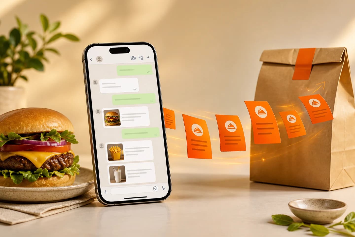 Celular organizando pedidos de hambúrguer pelo WhatsApp