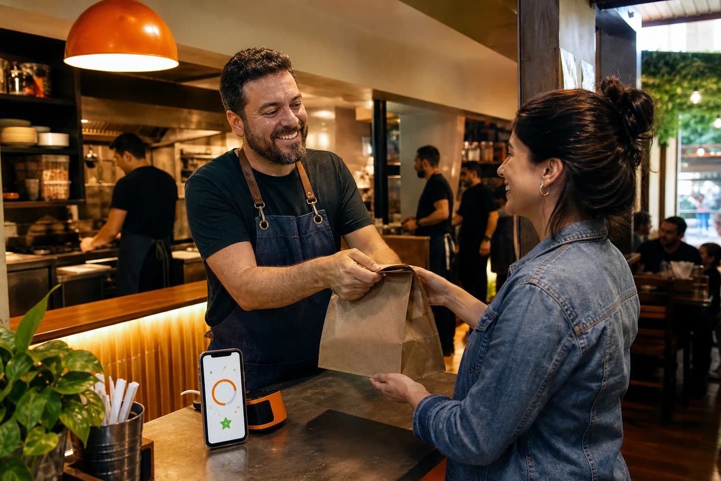 Cliente voltando ao restaurante enquanto o pedido gera pontos e benefícios